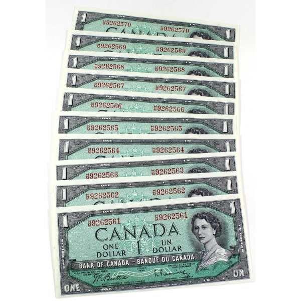 BC-37b-i 1954 $1 Consecutive UNC or Better Beattie-Rasminsky SN: H/M9262561-"70. 10 notes