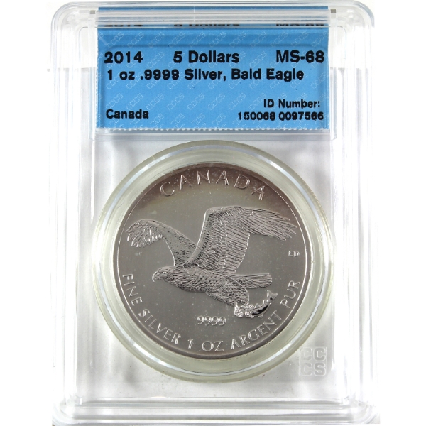 2014 $5 Bald Eagle 1oz .9999 Fine Silver Coin CCCS MS68 (Tax Exempt)
