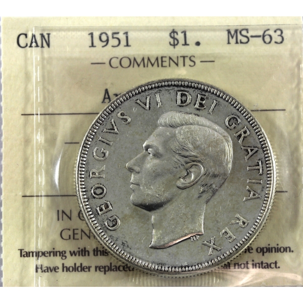 Silver $1 1951 Arnprior ICCS MS63