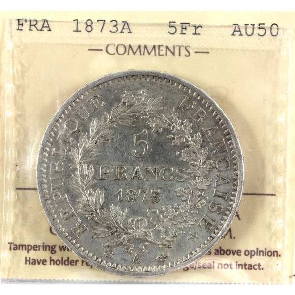 France Silver 1873A 5 Francs ICCS AU50