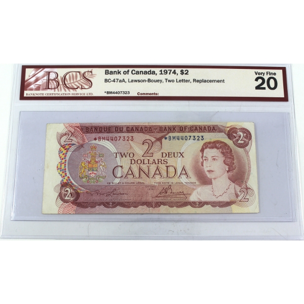 BC-47aA 1974 $2 2 Letter Replacement BCS VF20 Lawson-Bouey SN: *BM4407323