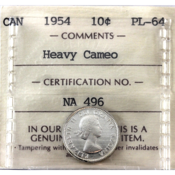 10-cent 1954 ICCS PL64 Heavy Cameo
