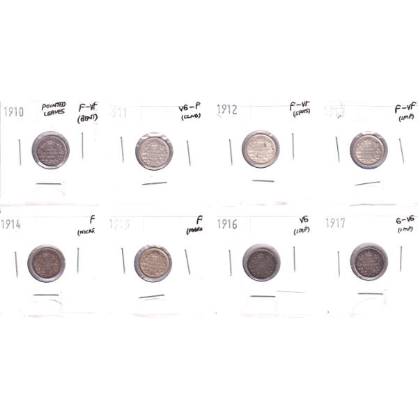 5-cent 1910-1917 Collection in 8-Pocket Sheet G-VG to F-VF. 8pcs.
