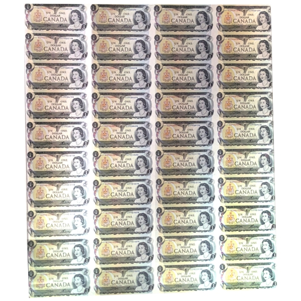 4x BC-46b 1973 $1 Crow-Bouey Uncut Sheet in 8x5 Format. 4 Sheets.