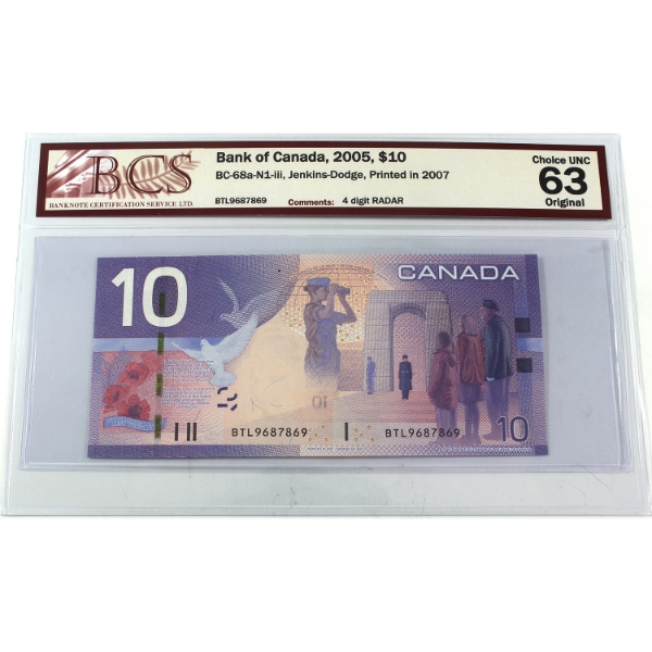 RADAR BC-68a-N1-iii 2005 $10 4-digit RADAR BCS Choice UNC63 Original Jenkins-Dodge SN: BTL9687869