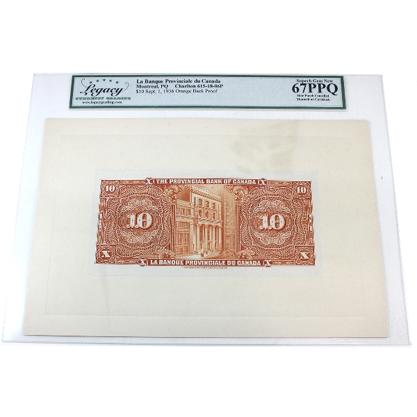 615-18-06P 1936 $10 Provincial Bank Of Canada Orange Back Proof, Legacy GEM UNC67 PPQ 