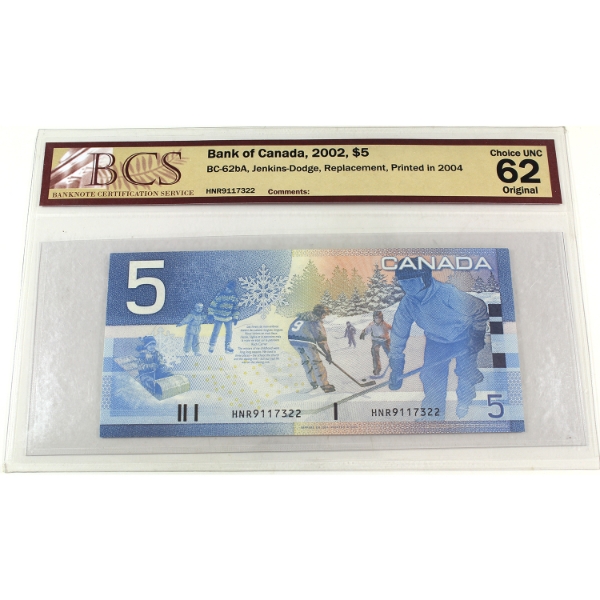 BC-62bA 2002 $5 BCS Choice UNC62 Original Jenkins-Dodge Replacement Printed in 2004 SN:HNR9117322