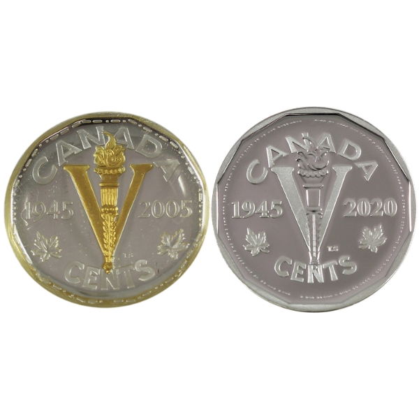 2x 5-cent VE Day 2005 Gold Plated & 2020 Silver PR. 2pcs