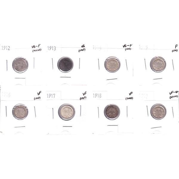 5-cent 1912-1919 Collection in 8-Pocket Sheet VG to VF-EF. 8pcs.