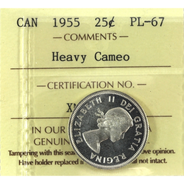 25-cent 1955 ICCS PL67 Heavy Cameo