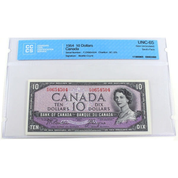 BC-32b 1954 $10 Devil's Face CCCS GEM UNC65 Beattie-Coyne SN: F/D0654504