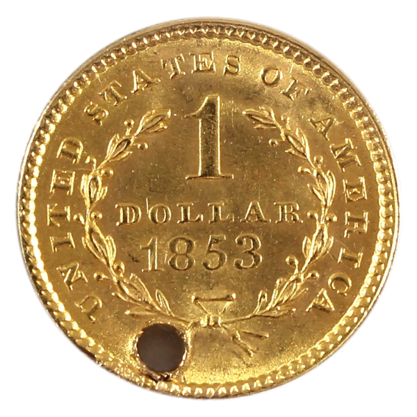 1.67g USA 1853 $1 .900 Fine Gold Coin BU (Hole)