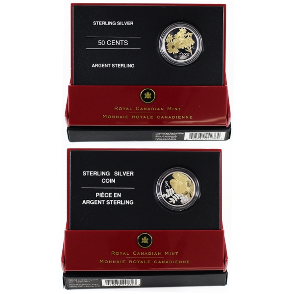 2005 & 2006 50-cent Canadian Floral Sterling Silver Coins. 2pcs.