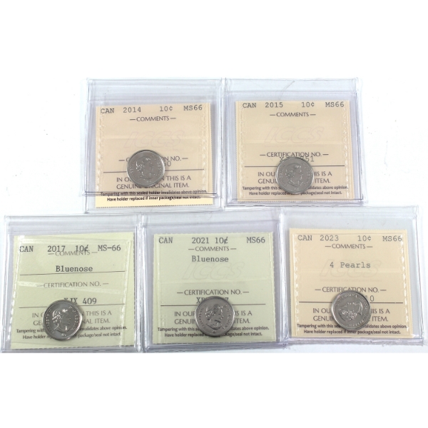 10-cent 2014, 2015, 2017 Bluenose, 2021 Bluenose, & 2023 4 Pearls ICCS MS66. 5pcs.