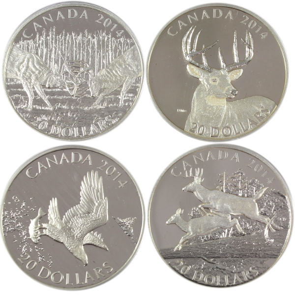 Group Lot of 2014 $20 Wildlife 1oz .9999 Fine Silver Coins. 4pcs. (Tax Exempt)