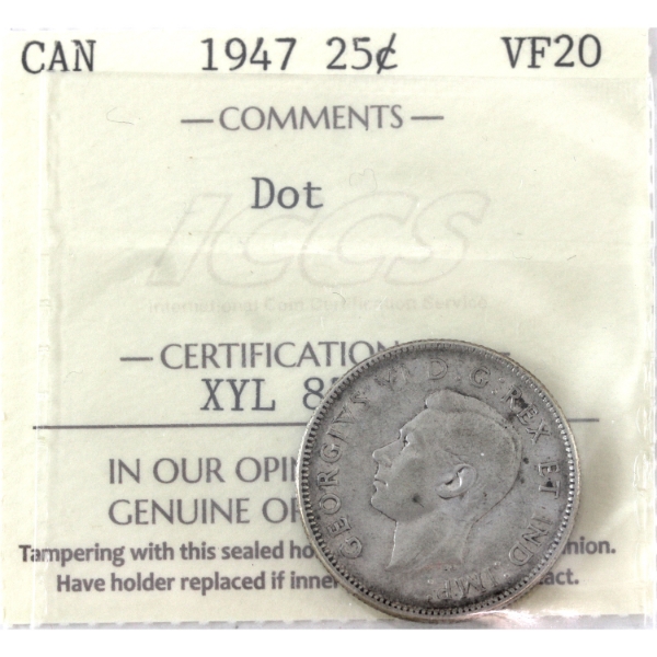 25-cent 1947 Dot ICCS VF20 