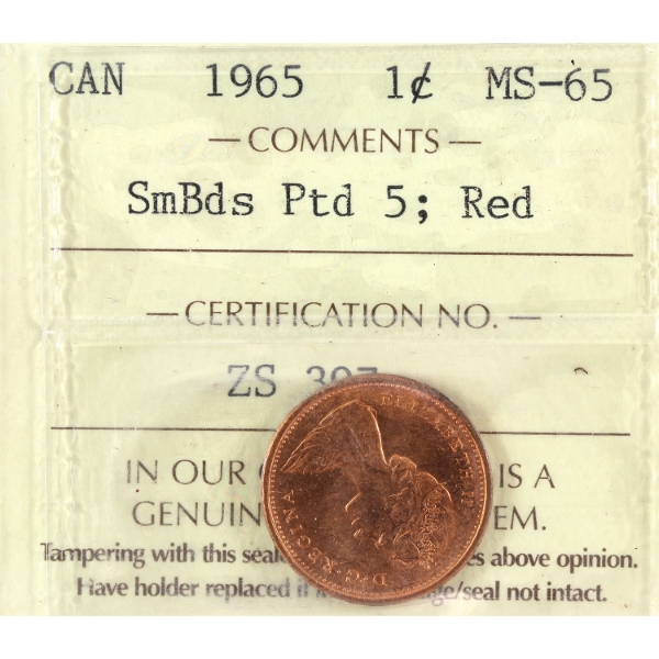 1-cent 1965 SmBds Ptd 5 ICCS MS65 Red
