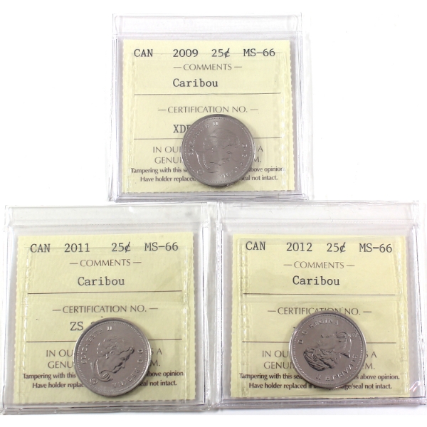 25-cent 2009, 2011 & 2012 Caribou ICCS MS66. 3pcs.