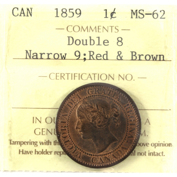 1-cent 1859 Double 8 Narrow 9 ICCS MS62 Red & Brown