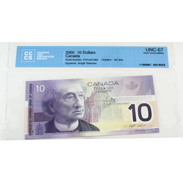 BC-63a 2000 $10 CCCS Certified GEM UNC67 Knight-Thiessen SN: FDT4257963