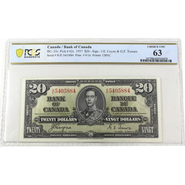 BC-25c 1937 $20 PCGS CUNC63 Coyne-Towers SN: K/E5405884