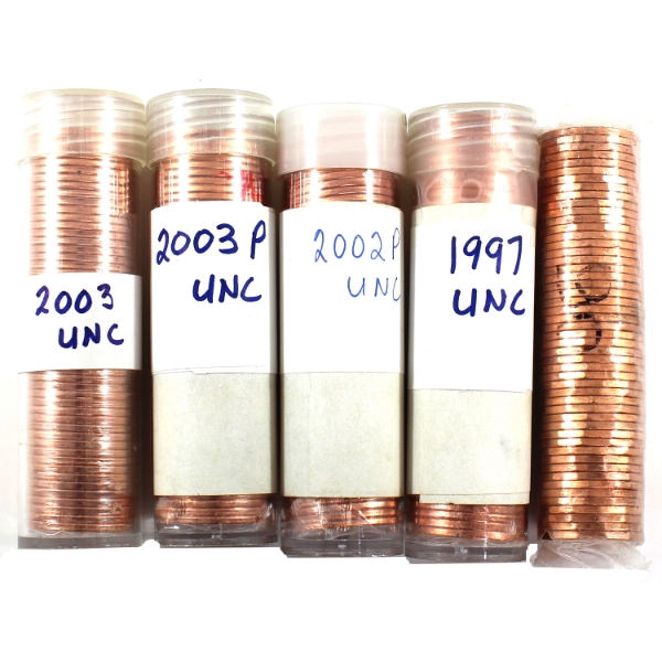 1-cent 1990, 1997, 2002P, 2003 & 2003P Rolls of 50pcs. 5 Rolls