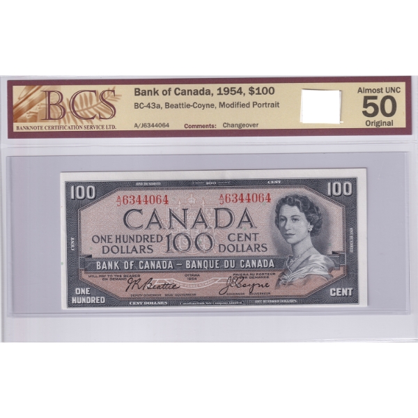 BC-43a 1954 $100 Modified Portrait BCS AU50 Original Changeover Beattie-Coyne SN: AJ6344064