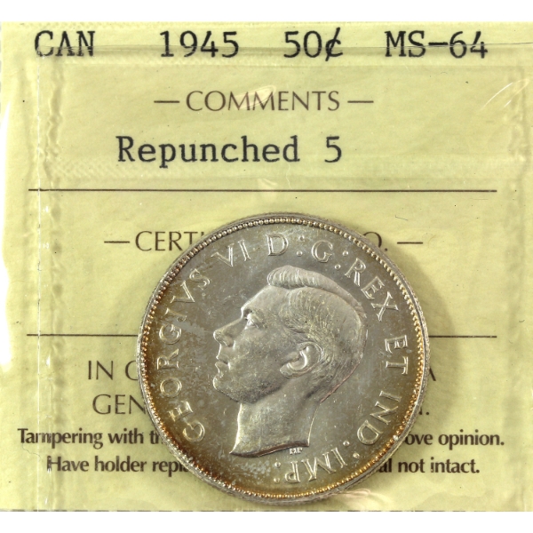 50-cent 1945 Repunched 5 ICCS MS64