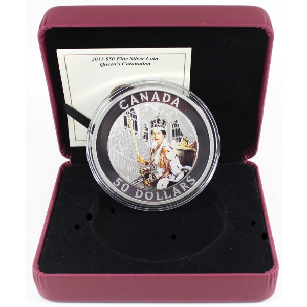 2013 $50 Queen's Coronation Coloured 5oz .9999 Fine Silver (Tax Exempt)