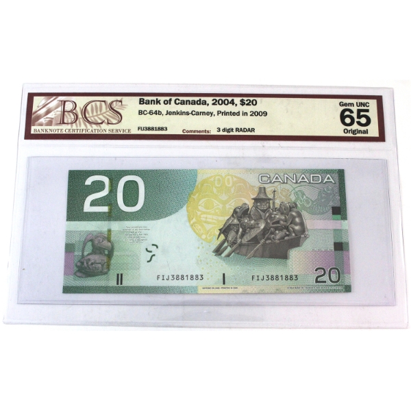 RADAR BC-64b 2004 $20 3-Digit RADAR BCS GEM UNC65 Original Jenkins-Carney SN: FIJ3881883