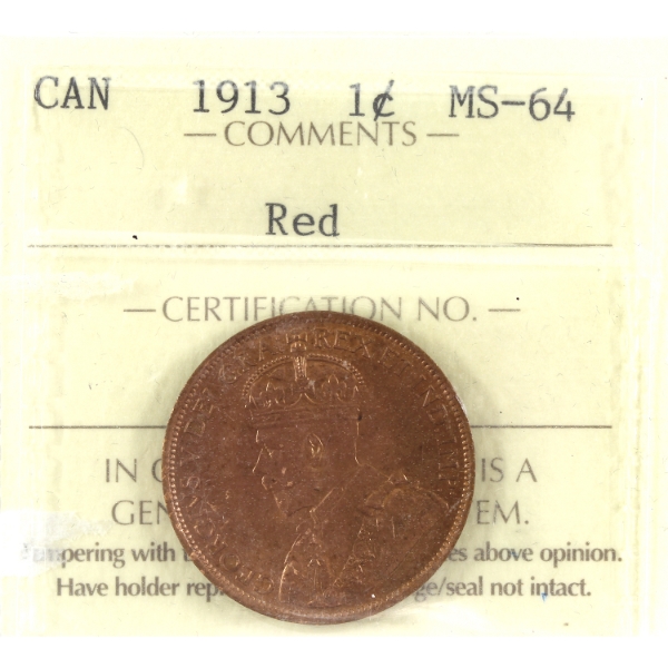 1-cent 1913 ICCS MS64 Red
