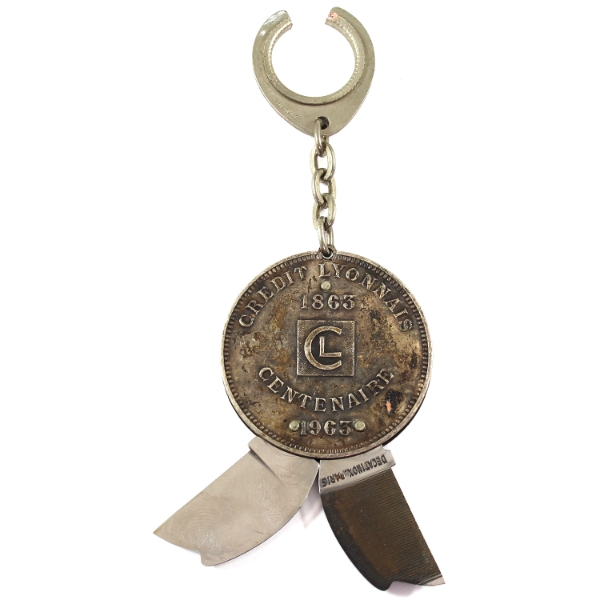 France Silver 1863 5 Francs Attached to Chain & Commem. Medal from Crédit Lyonnais w/ File & Knife