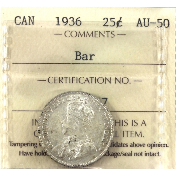25-cent 1936 Bar ICCS AU50