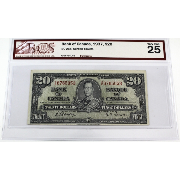 BC-25b 1937 $20 BCS VF25 Gordons-Towers SN: C/E6765053