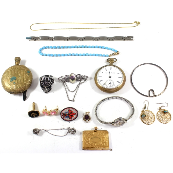 Bulk Lot of Assorted Costume Jewellery, Pocket Watches, Pins, & More! 15pcs.