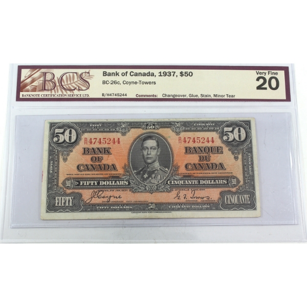 BC-26c 1937 $50 BCS VF20 Coyne-Towers Changeover SN: B/H4745244