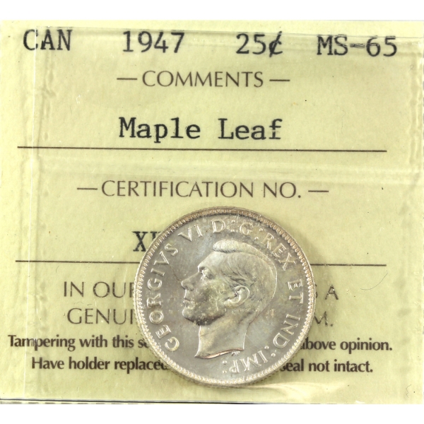 25-cent 1947 Maple Leaf ICCS MS65