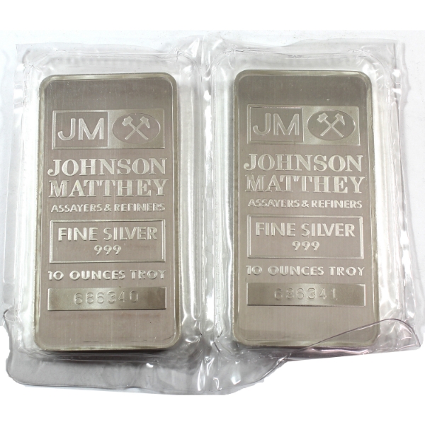 2x 10oz Johnson Matthey Vintage .999 Silver Bars. 2pcs *Consecutive; Sealed Together!* (Tax Exempt)