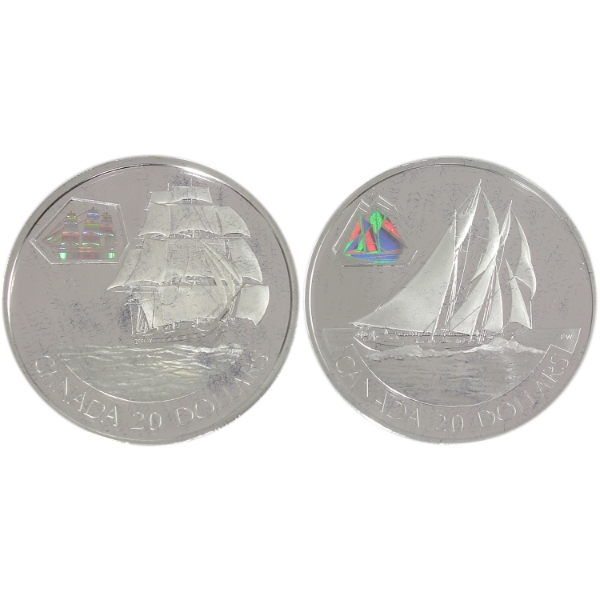 2000 & 2001 $20 Transportation Series - Ships Sterling Silver Coins w/ Holographic Cameos. 2pcs