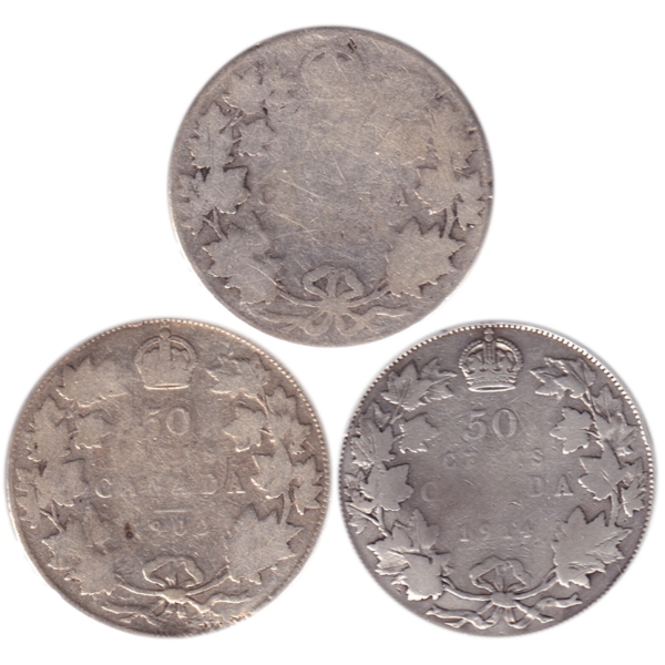 50-cent 1902 G-VG (impaired), 1905 AG (scratched) & 1914 VG (impaired). 3pcs