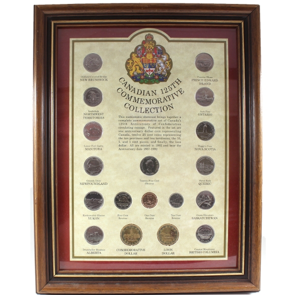 1992 Canadian 125th Commemorative Quarter Collection 18-Coin Set in Wooden Frame
