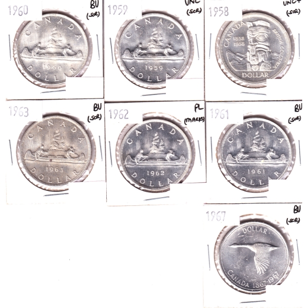 Silver $1 1958-1967 UNC to PL. 7pcs.