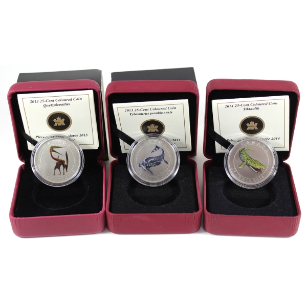 2013 & 2014 25-cent Prehistoric Creatures Series Coloured Coins. 3pcs
