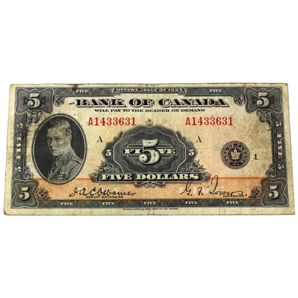 BC-5 1935 $5 English Osborne-Towers SN:A1433631 Check Letter A