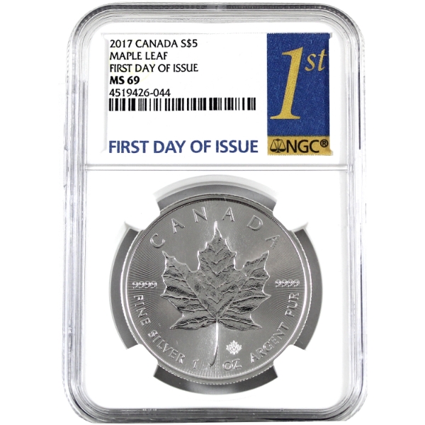 2017 $5 First Day Silver Maple Leaf NGC Certified MS-69 (Tax Exempt)