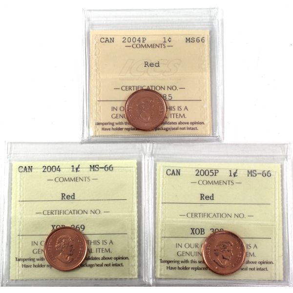 1-cent 2004-2005P ICCS MS66 Red. 3pcs.