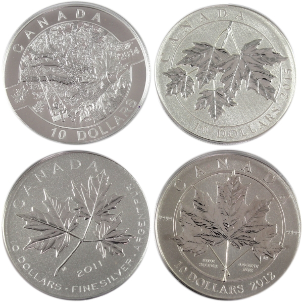 2011-2015 $10 Maple Leaf 1/2oz .9999 Fine Silver Coins. 4pcs. (Tax Exempt)