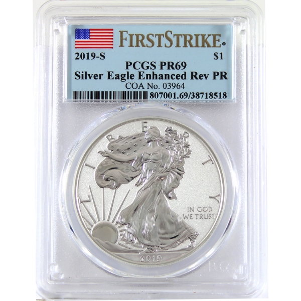 USA Silver 2019-S $1 Silver Eagle PCGS PR69 First Strikes 1oz Fine Silver Enhanced Reverse Proof 