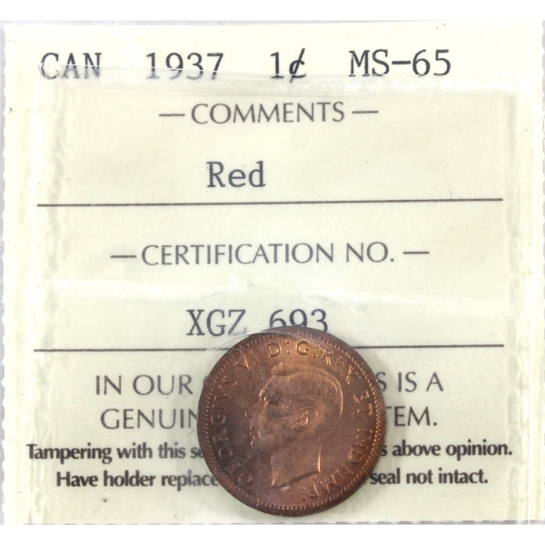 1-cent 1937 ICCS MS65 Red