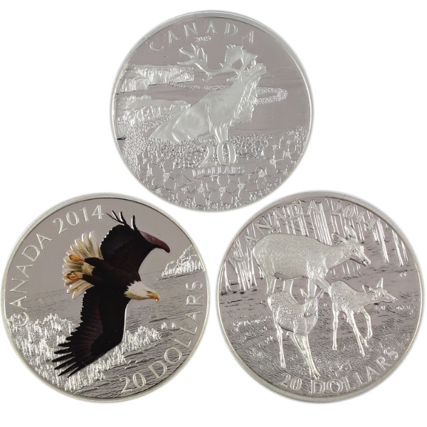 Group Lot of 2014 & 2019 $20 Animal & Tribute 1oz .9999 Fine Silver Coins. 3pcs. (Tax Exempt)